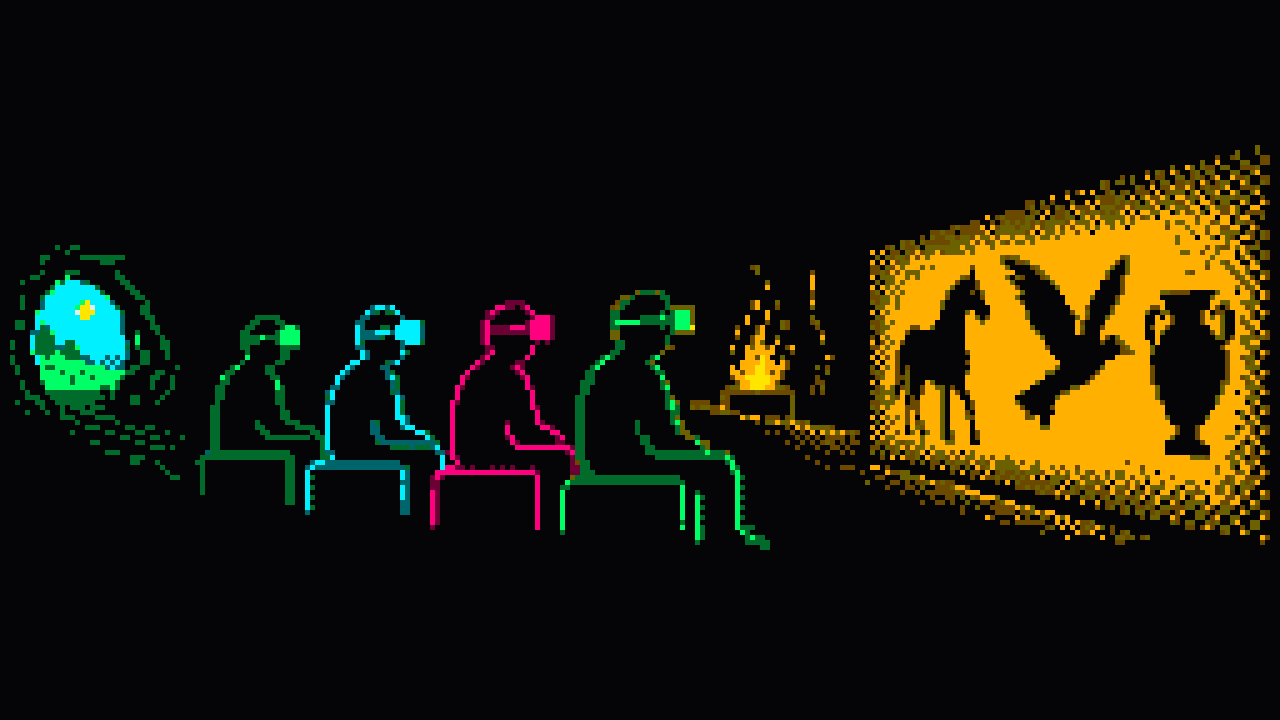 Pixel art: a row of figures with VR headsets sits in front of a campfire and a glowing wall that shows the shadows of a horse, a bird and a vase.