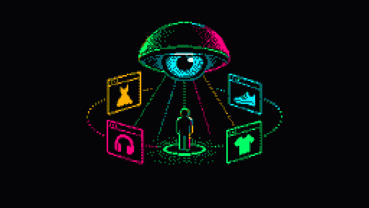 Pixel art: a giant eye hovers over a small figure, surrounded by pop-up ads that show a dress, a sneaker, headphones and a t-shirt.